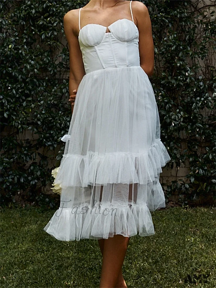 Amy Fashion - Women Summer  Solid Color Sleeveless Strap Summer Layered Tulle Ruffles Backless Party Vestidos - Image 3