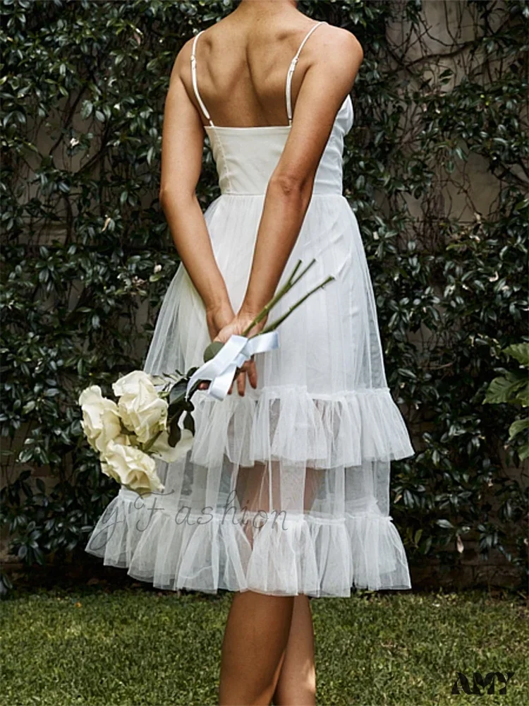 Amy Fashion - Women Summer  Solid Color Sleeveless Strap Summer Layered Tulle Ruffles Backless Party Vestidos - Image 5