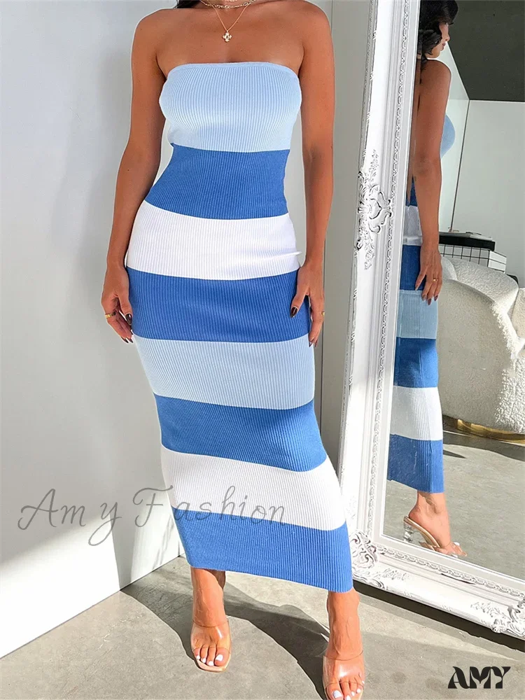 Amy Fashion - Women Summer Strapless Knitted Ribbed Female Sexy Vestidos Sleeveless Off Shoulder Striped Outfits