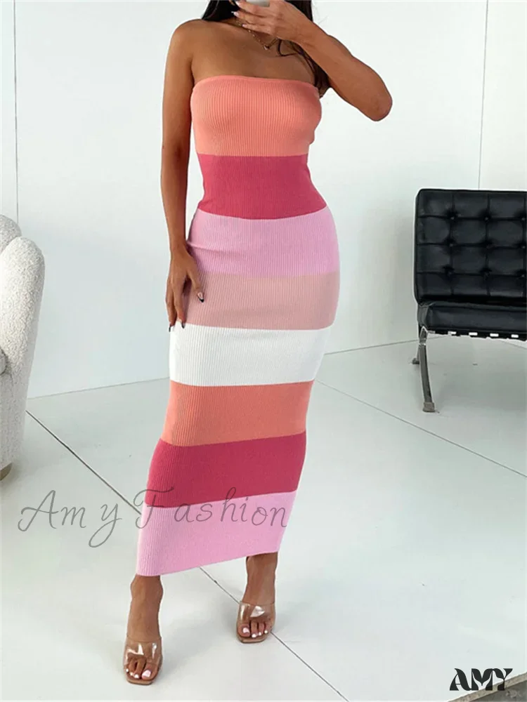 Amy Fashion - Women Summer Strapless Knitted Ribbed Female Sexy Vestidos Sleeveless Off Shoulder Striped Outfits - Image 6