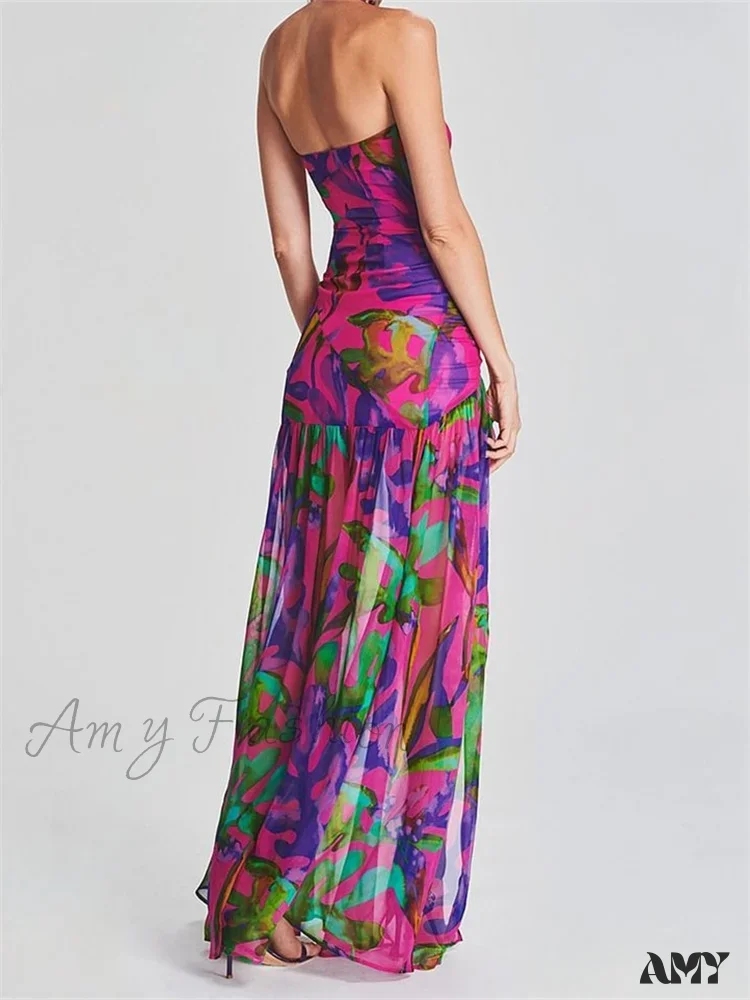 Amy Fashion - Women Tube Slim Strapless Off Shoulder Mesh Patchwork Leopard Floral Print Split  Party Club Vestidos - Image 2