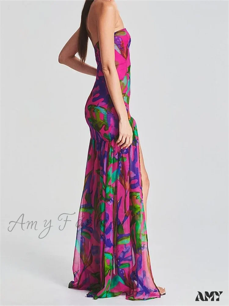 Amy Fashion - Women Tube Slim Strapless Off Shoulder Mesh Patchwork Leopard Floral Print Split  Party Club Vestidos - Image 3