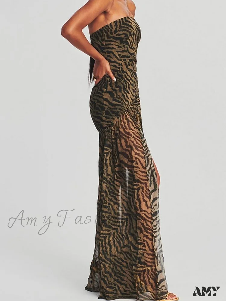 Amy Fashion - Women Tube Slim Strapless Off Shoulder Mesh Patchwork Leopard Floral Print Split  Party Club Vestidos - Image 5