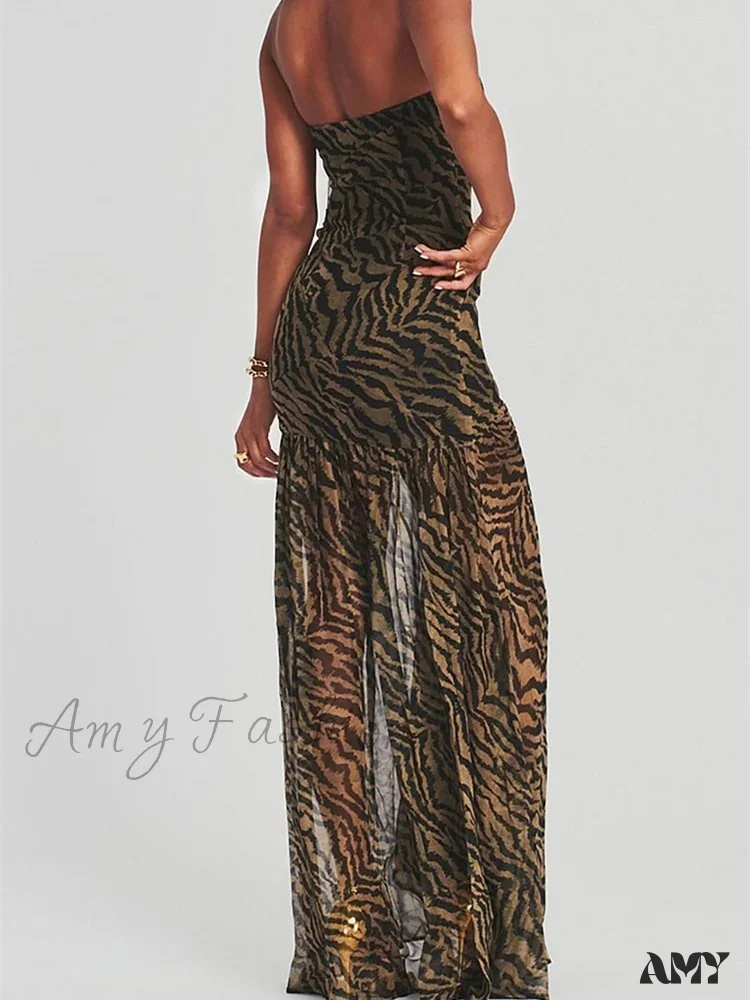 Amy Fashion - Women Tube Slim Strapless Off Shoulder Mesh Patchwork Leopard Floral Print Split  Party Club Vestidos - Image 6