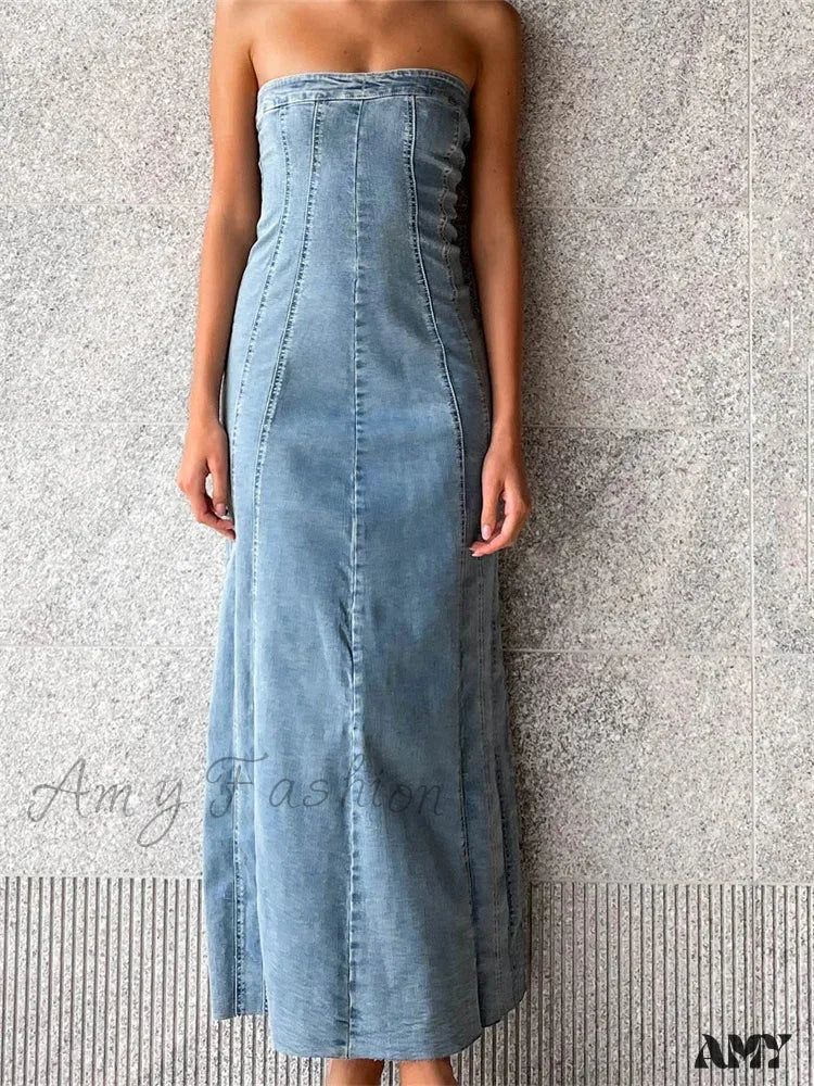 Amy Fashion - Women Tube  Strapless Backless Denim Back Zip Up Summer Side Split Club Party Female Vestidos