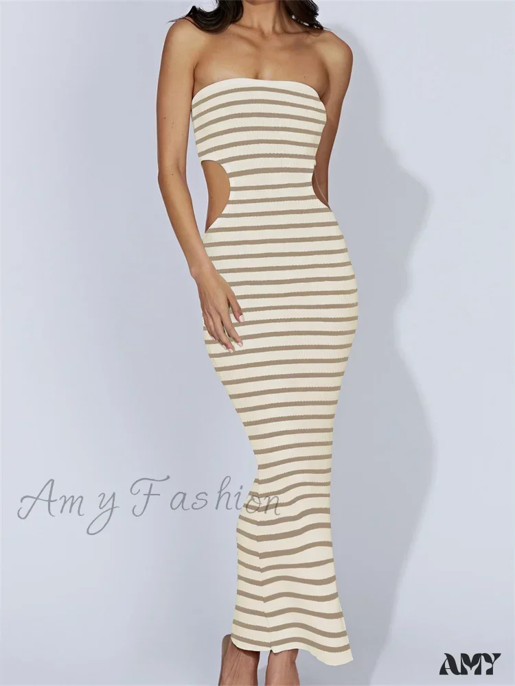Amy Fashion - Women Tube Strapless Off Shoulder Cutout Solid Color/Striped Print Knitted  Summer Beach Vestido - Image 10
