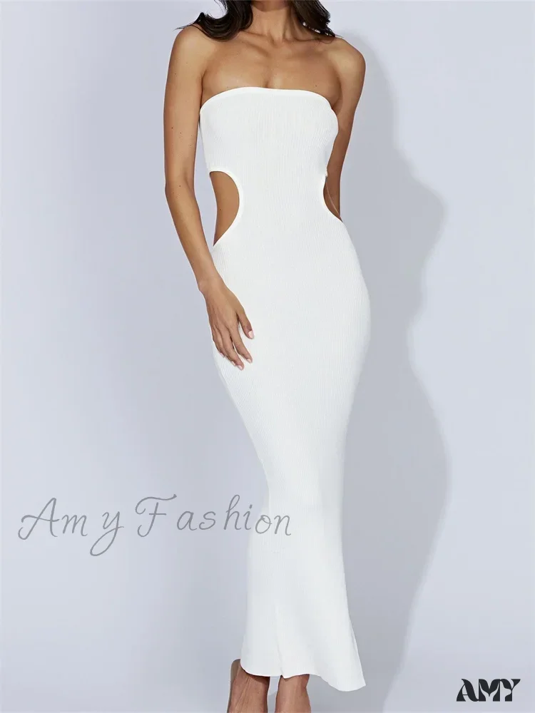 Amy Fashion - Women Tube Strapless Off Shoulder Cutout Solid Color/Striped Print Knitted  Summer Beach Vestido - Image 3