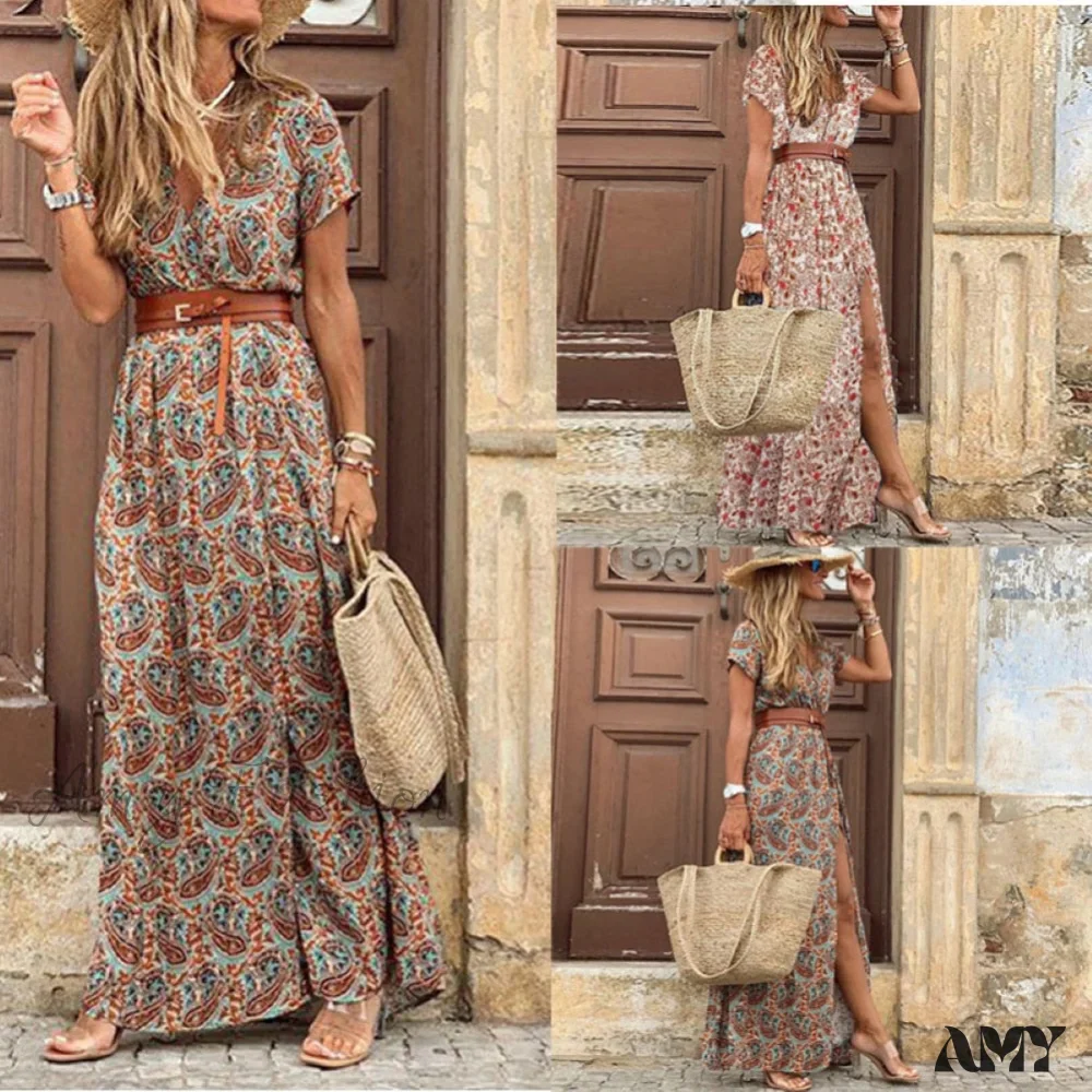 Amy Fashion - V Neck Short Sleeve Paisley Print Hem Long Dress - Image 3