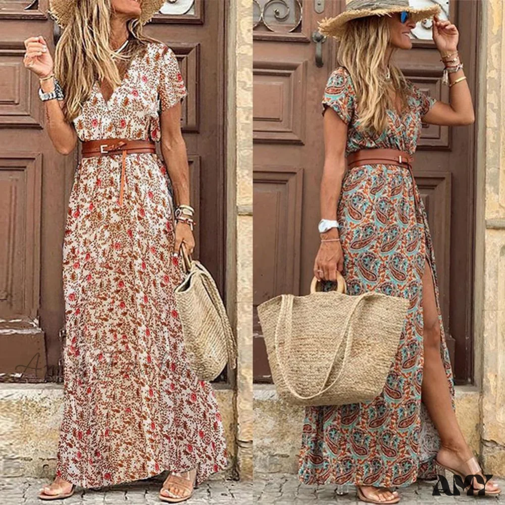 Amy Fashion - V Neck Short Sleeve Paisley Print Hem Long Dress - Image 4