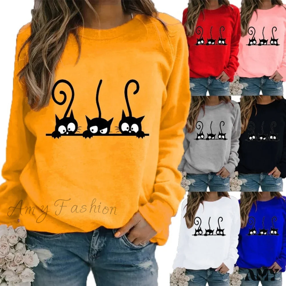 Amy Fashion - Round Neck Black Cats Printed Loose T-shirt - Image 2