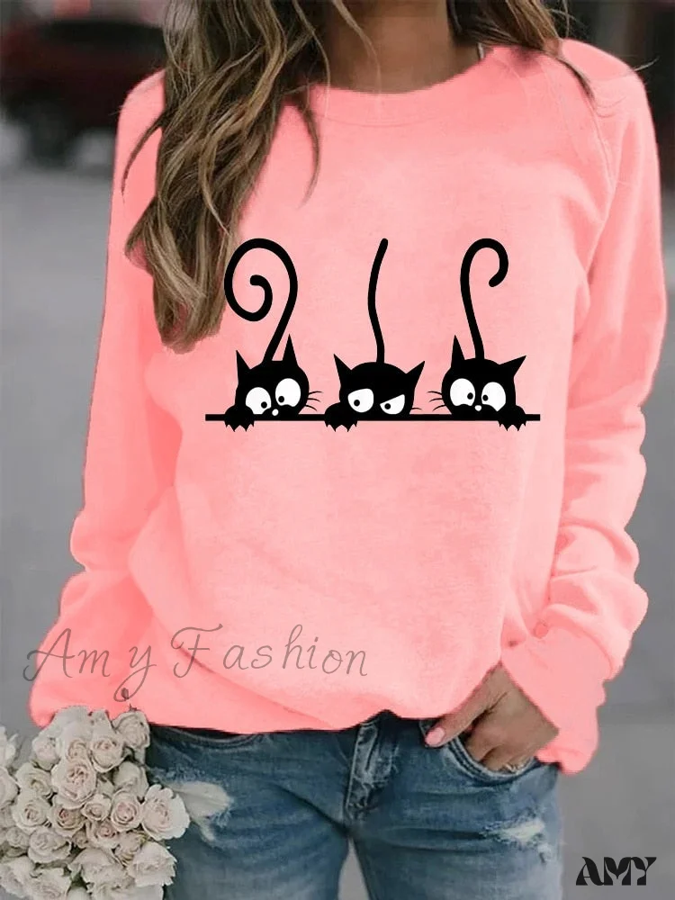 Amy Fashion - Round Neck Black Cats Printed Loose T-shirt - Image 3