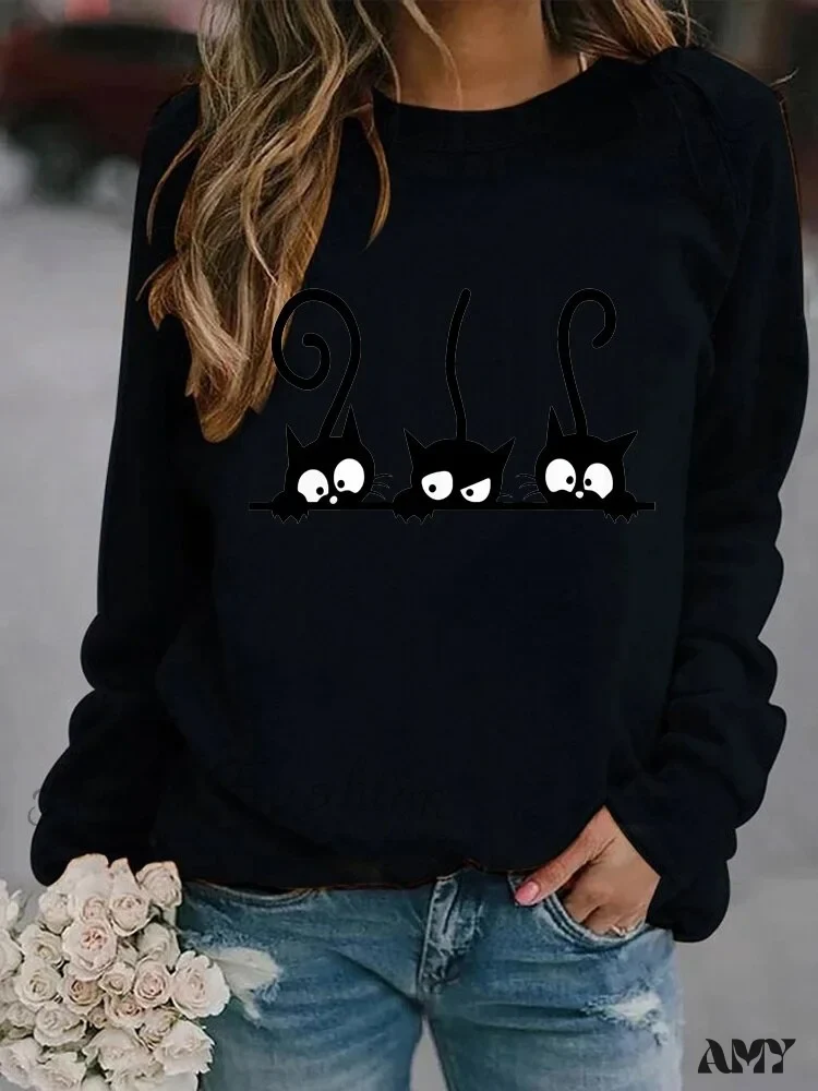 Amy Fashion - Round Neck Black Cats Printed Loose T-shirt - Image 4