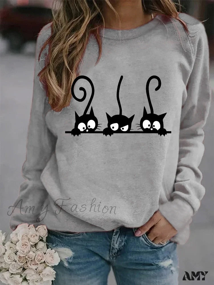 Amy Fashion - Round Neck Black Cats Printed Loose T-shirt - Image 5