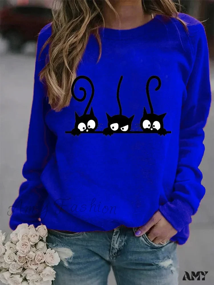 Amy Fashion - Round Neck Black Cats Printed Loose T-shirt - Image 6