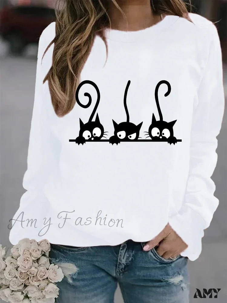 Amy Fashion - Round Neck Black Cats Printed Loose T-shirt - Image 7