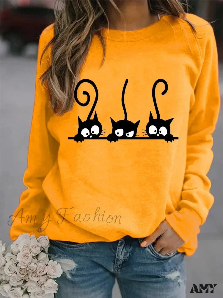 Amy Fashion - Round Neck Black Cats Printed Loose T-shirt - Image 8
