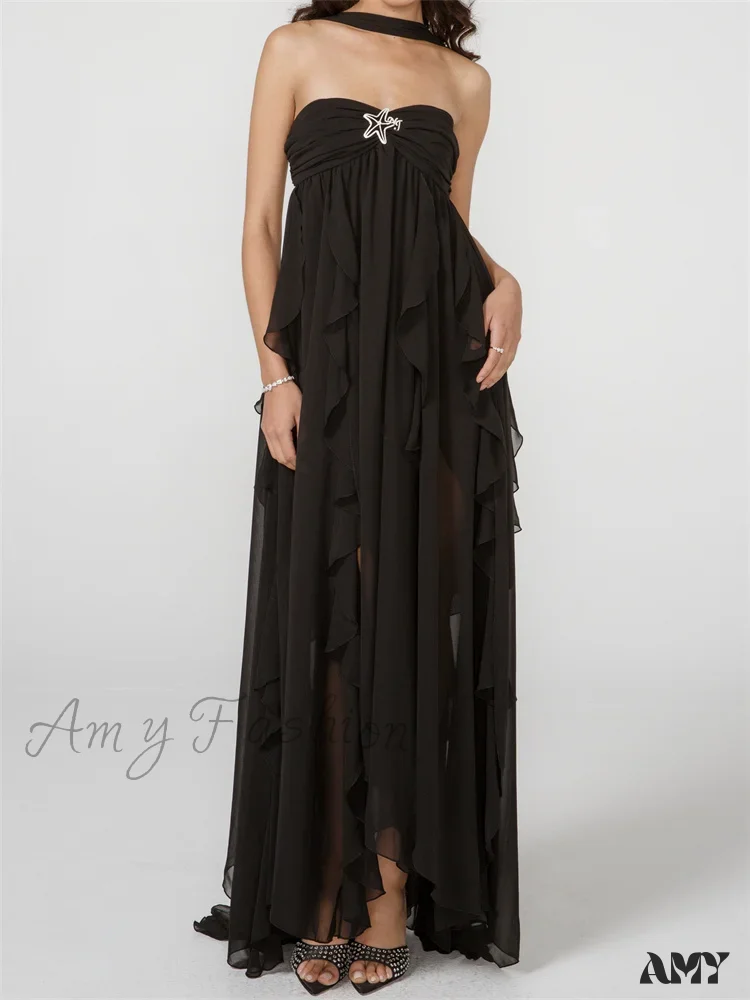 Amy Fashion - Women Y2K  Tube Sexy Strapless Off Shoulder Ruffle Tassel Evening Party Halter Backless Vestidos