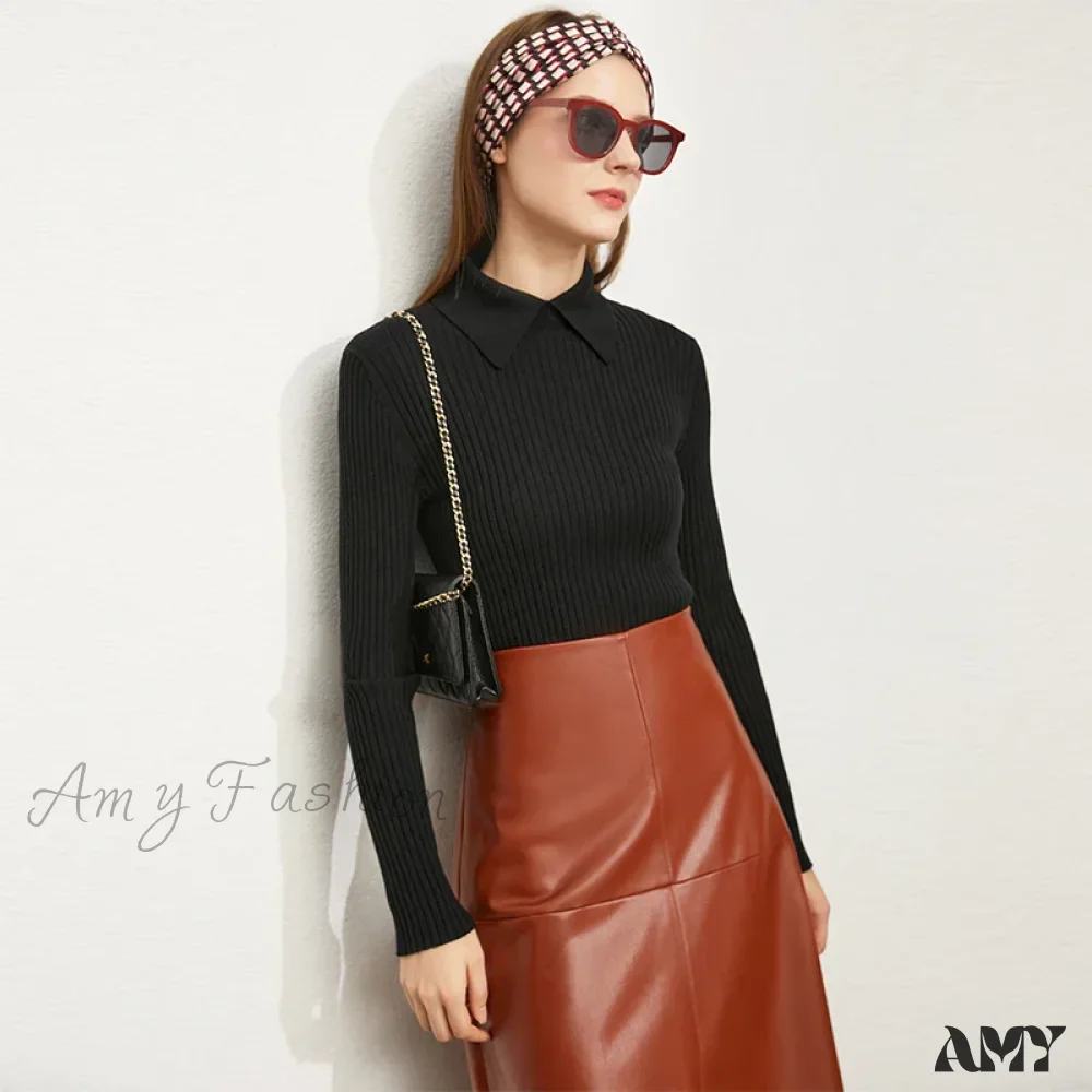 Women's Fashion Polo Collar Wool Pullover Long Sleeve Knitted Office Lady Sweater - Image 3