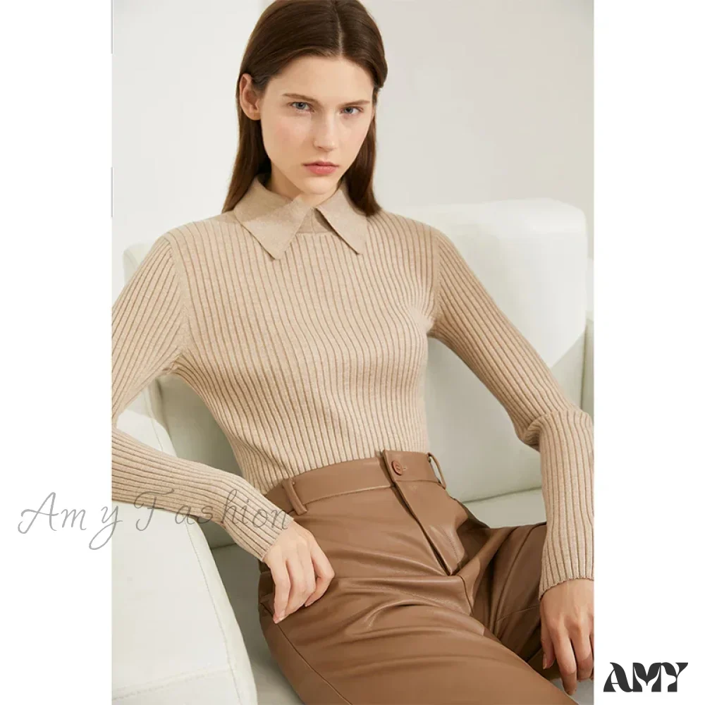 Women's Fashion Polo Collar Wool Pullover Long Sleeve Knitted Office Lady Sweater - Image 4