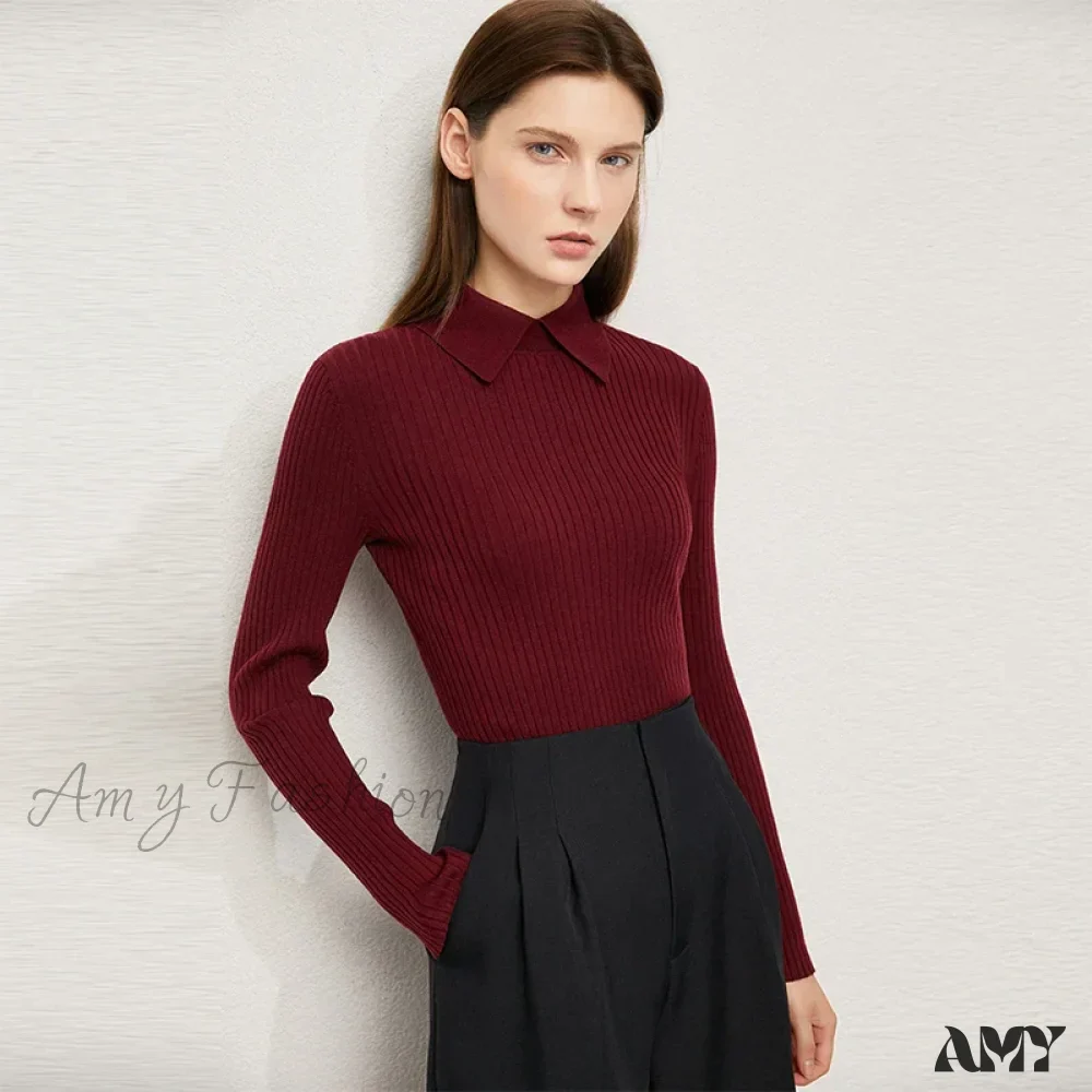 Women's Fashion Polo Collar Wool Pullover Long Sleeve Knitted Office Lady Sweater - Image 5