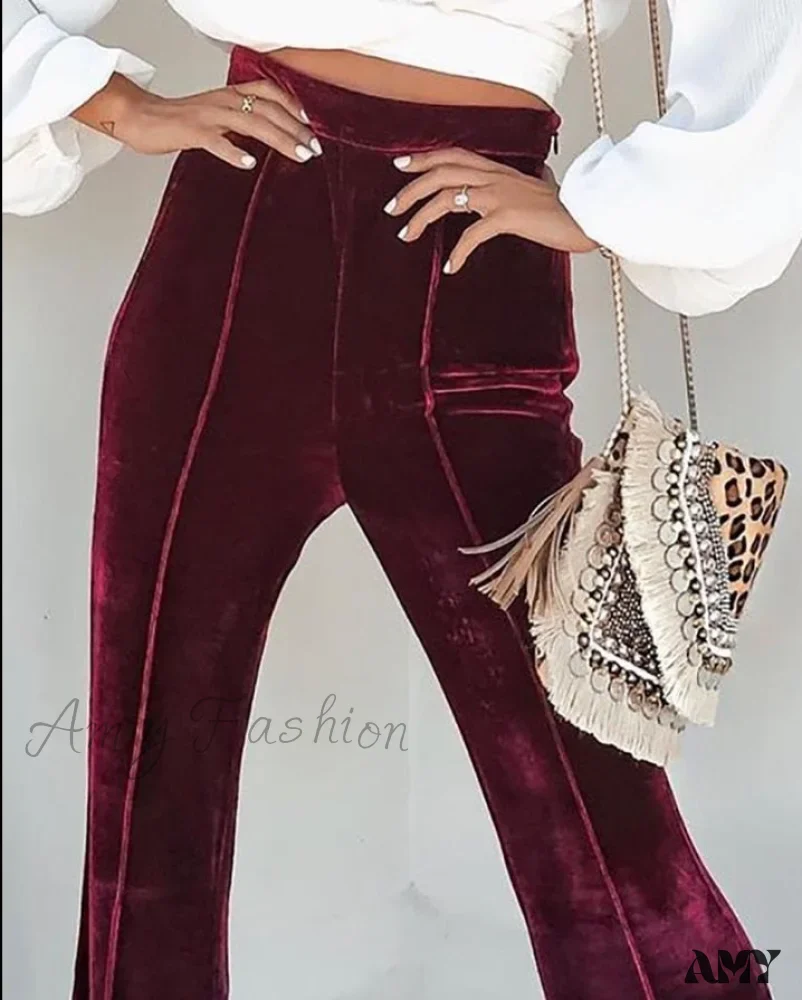 Amy Fashion - Casual Velvet High Waist Flared Pants - Image 3