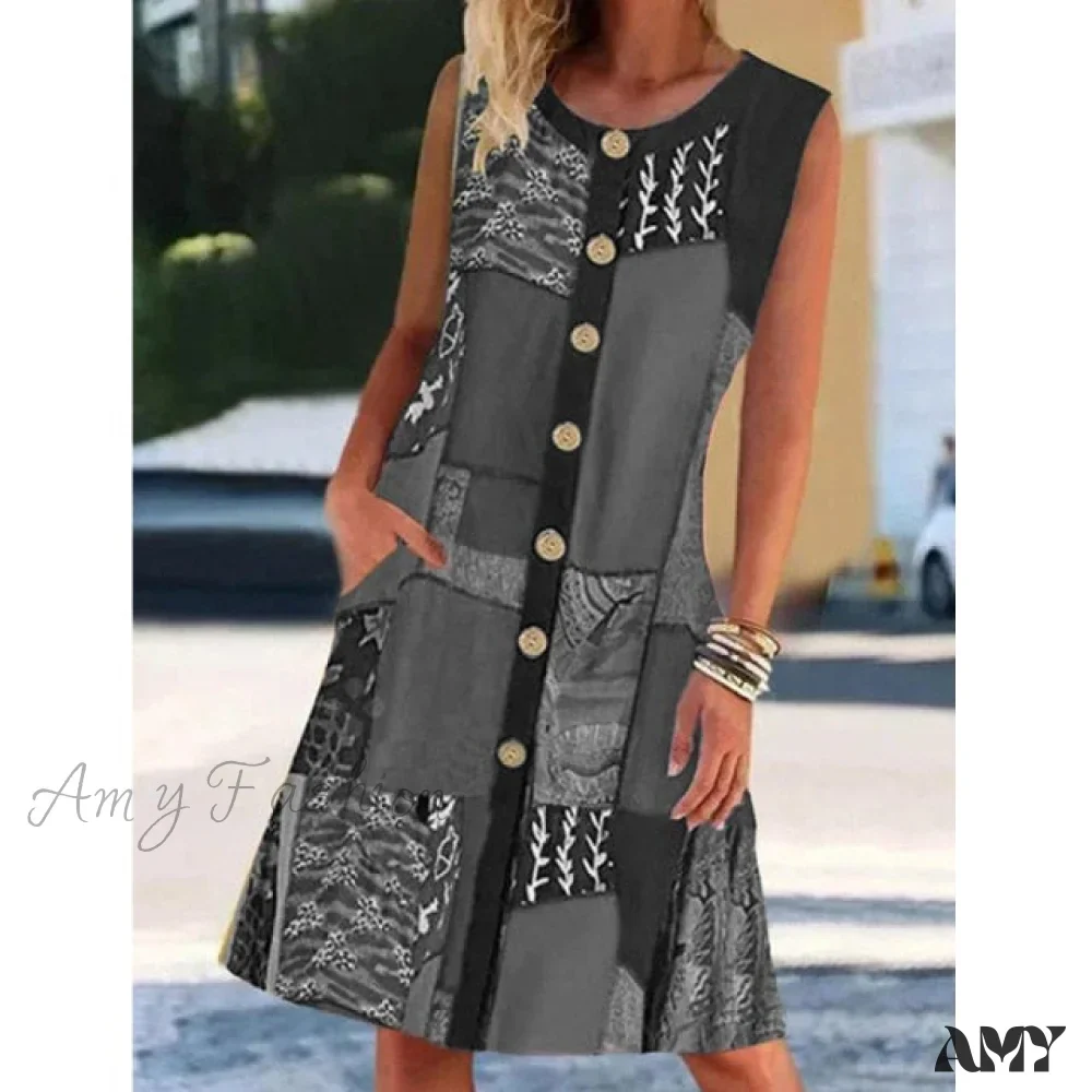 Amy Fashion - Round Neck Sleeveless Printed Contrast Pocket Dress