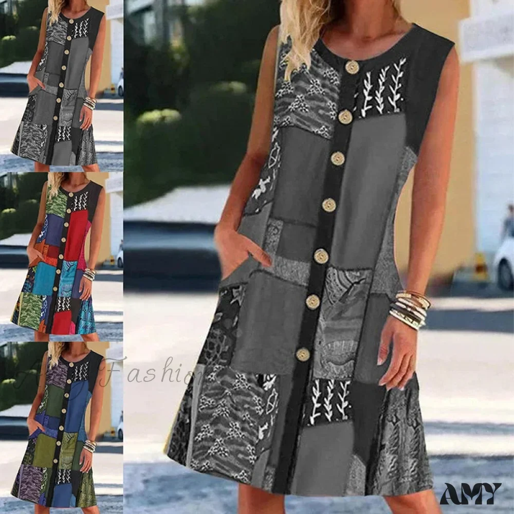 Amy Fashion - Round Neck Sleeveless Printed Contrast Pocket Dress - Image 2