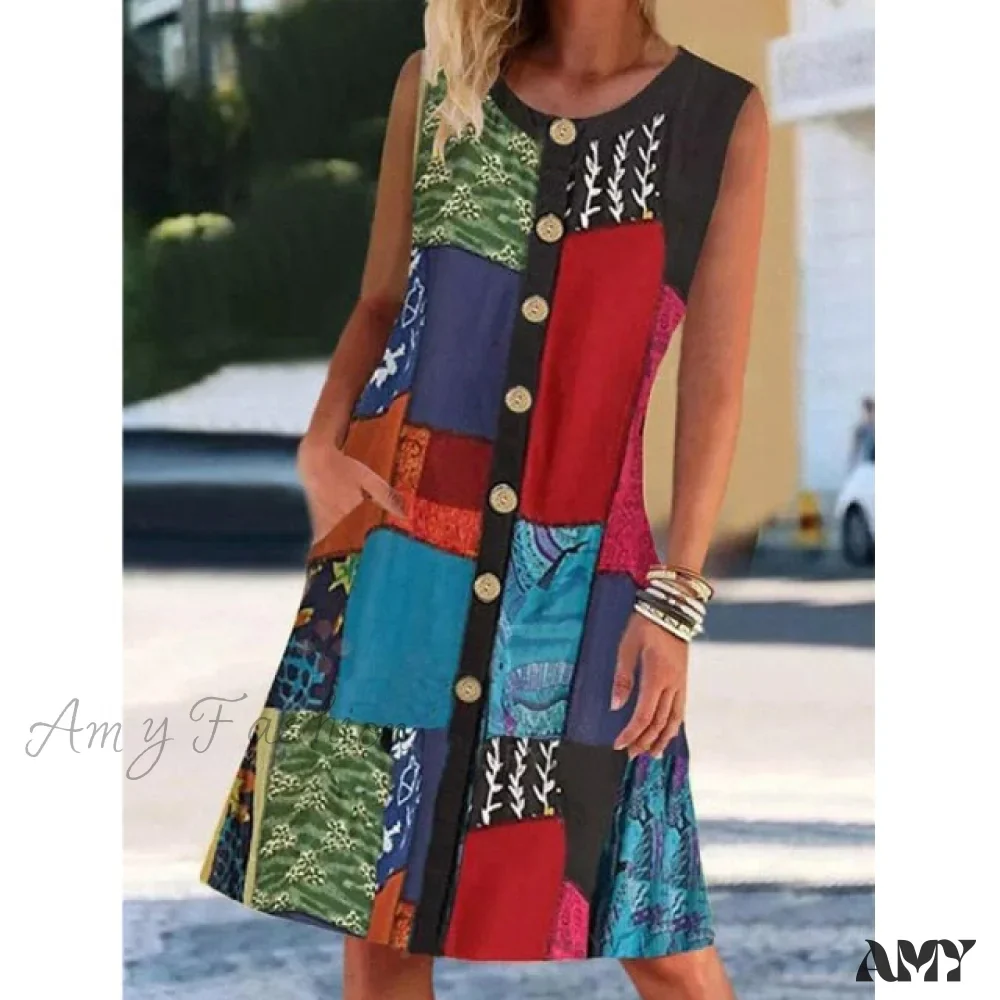 Amy Fashion - Round Neck Sleeveless Printed Contrast Pocket Dress - Image 3