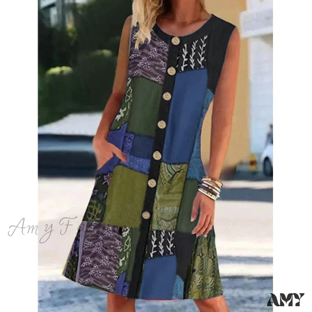 Amy Fashion - Round Neck Sleeveless Printed Contrast Pocket Dress - Image 4