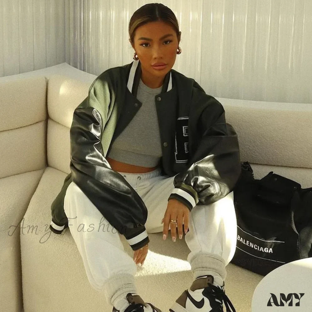 Amy Fashion - Letter Print Baseball Jacket - Image 7