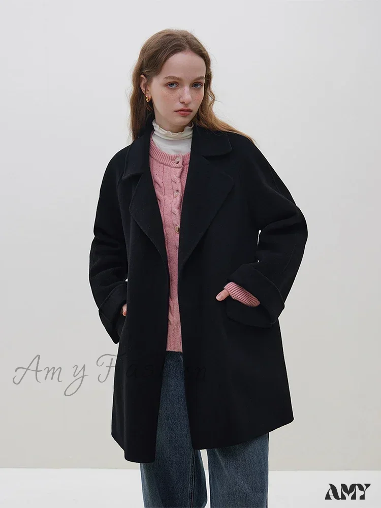 Wool One Hand Length Retro Red Raglan Sleeve Belt Design Mid-Length Coat - Image 7