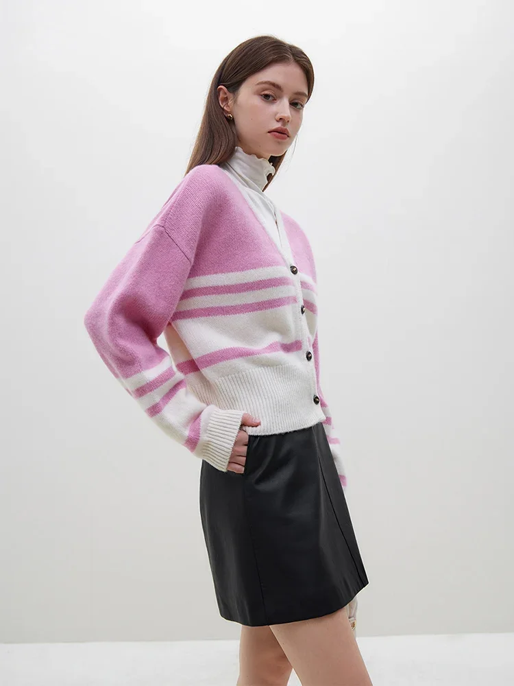 Wool Pink Stripe V-neck Short Cardigan - Image 3