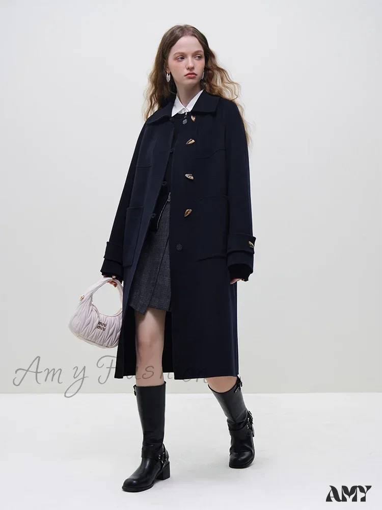 Wool Polo Neck Horn Button Raglan Sleeve Brown Long Office Lady Navy Blue Winter Coat - Image 6