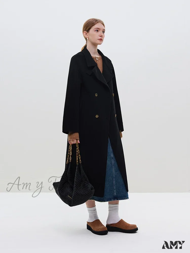 Wool Stand Collar Diagonal Placket Design Double-Breasted Long Dark Green Straight Commuter Black Coat - Image 6
