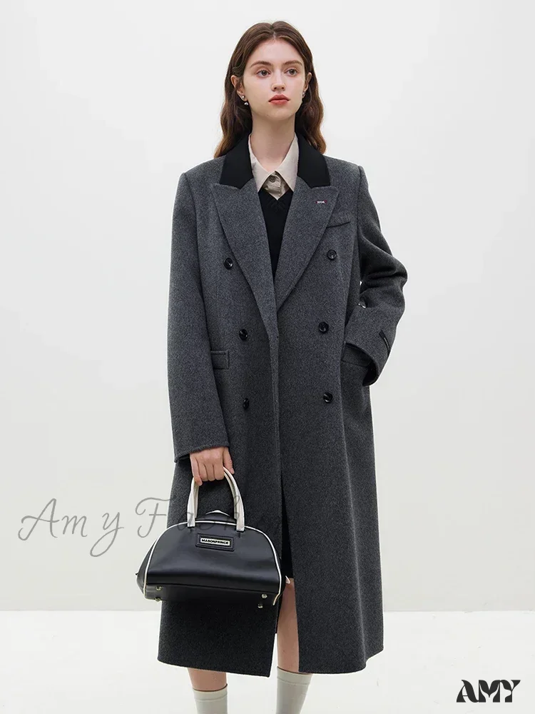 Wool Temperament Dark Grey Front Shoulder Long Notched Collar Double Breasted Female Coat - Image 2