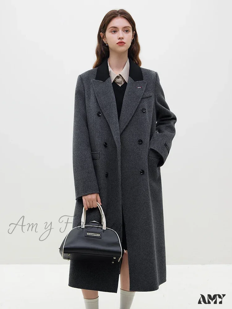 Wool Temperament Dark Grey Front Shoulder Long Notched Collar Double Breasted Female Coat - Image 3