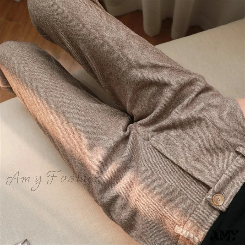 Woolen High Waist Elegant Casual Black Pencil Pants - Image 11