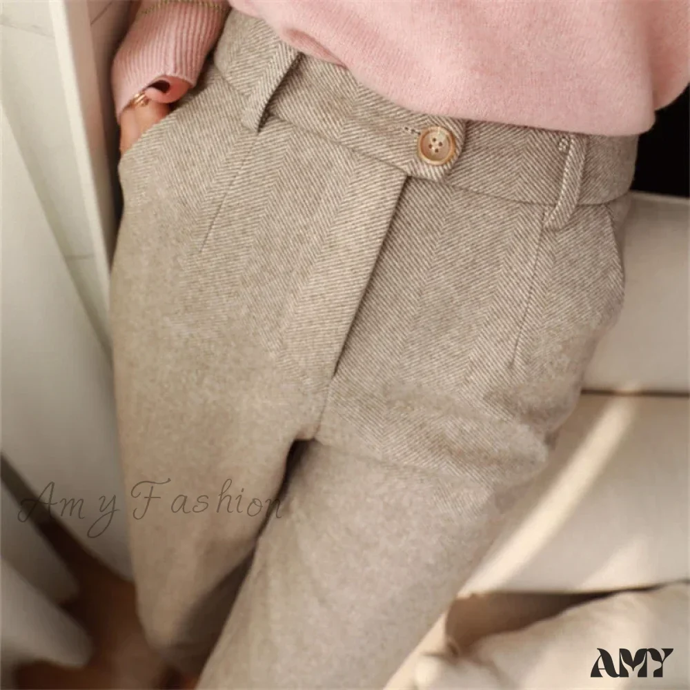 Woolen High Waist Elegant Casual Black Pencil Pants - Image 2
