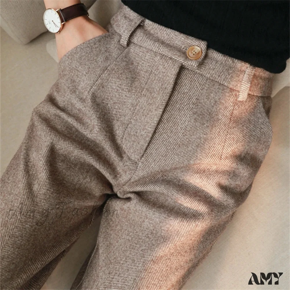 Woolen High Waist Elegant Casual Black Pencil Pants - Image 3
