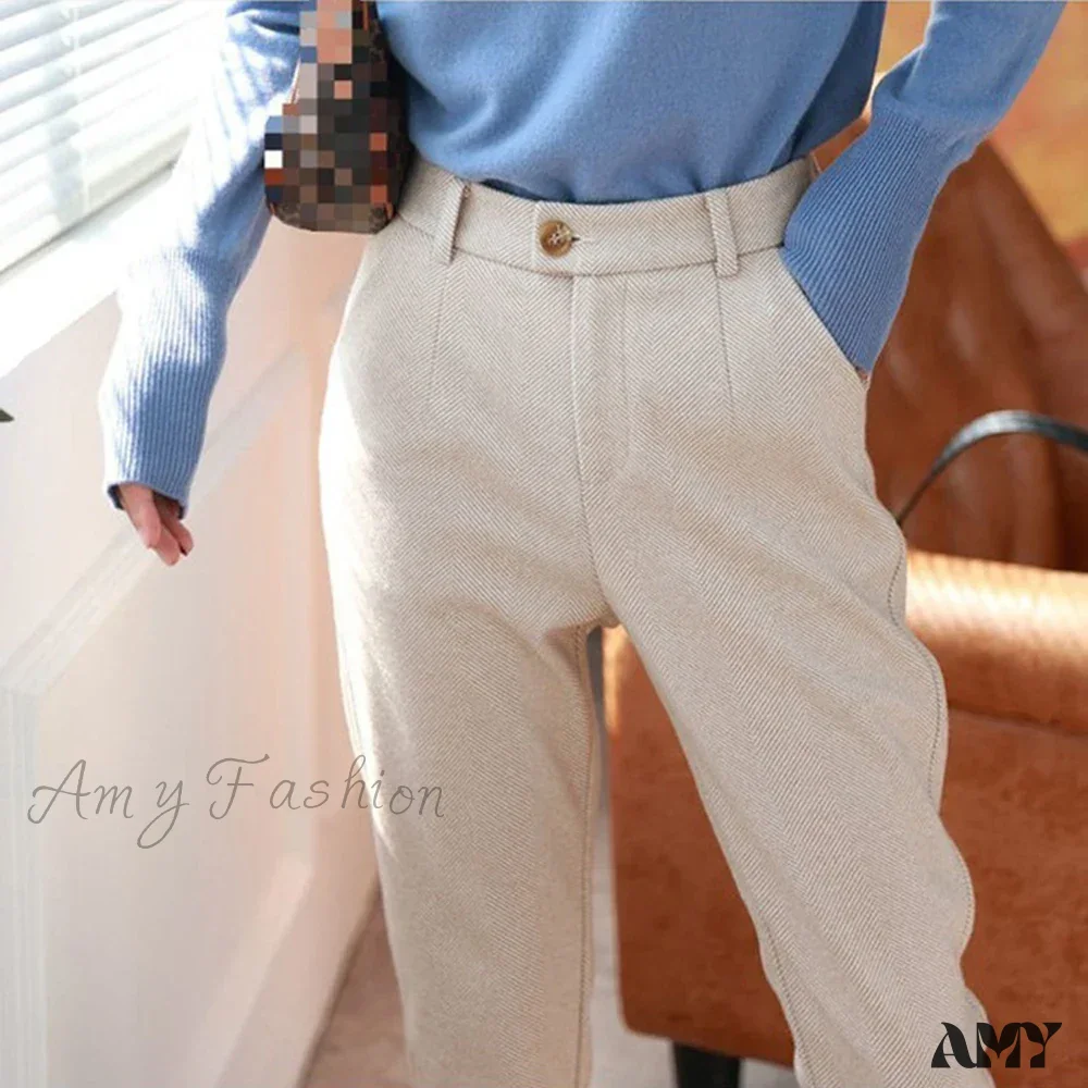 Woolen High Waist Elegant Casual Black Pencil Pants - Image 7