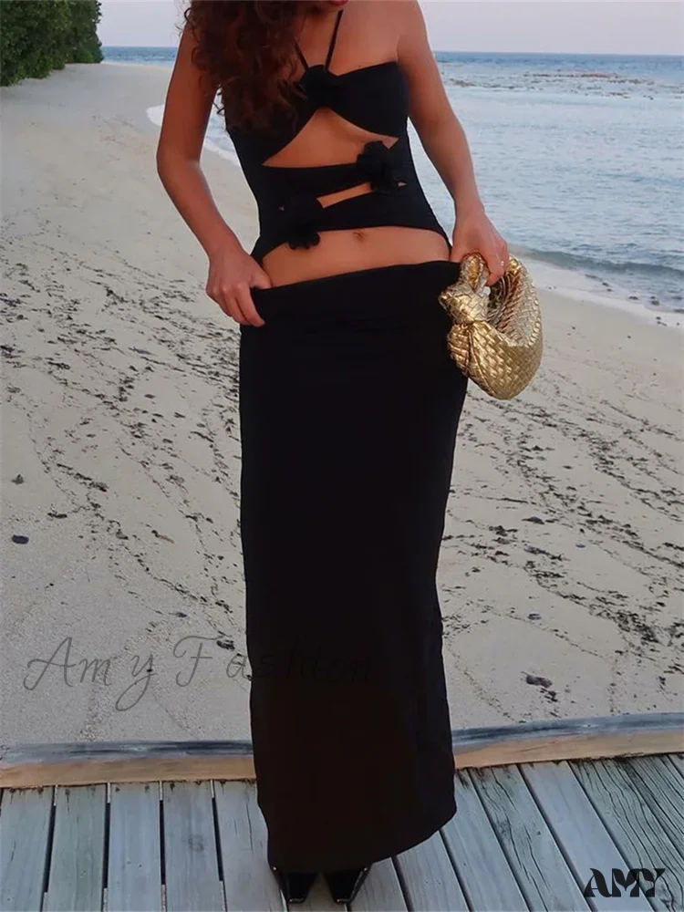 Amy Fashion - Y2K 3D Flowers Fairy Sexy Hollow Out Slim Summer Back Split Beach Party Club Outfits Vestidos - Image 2
