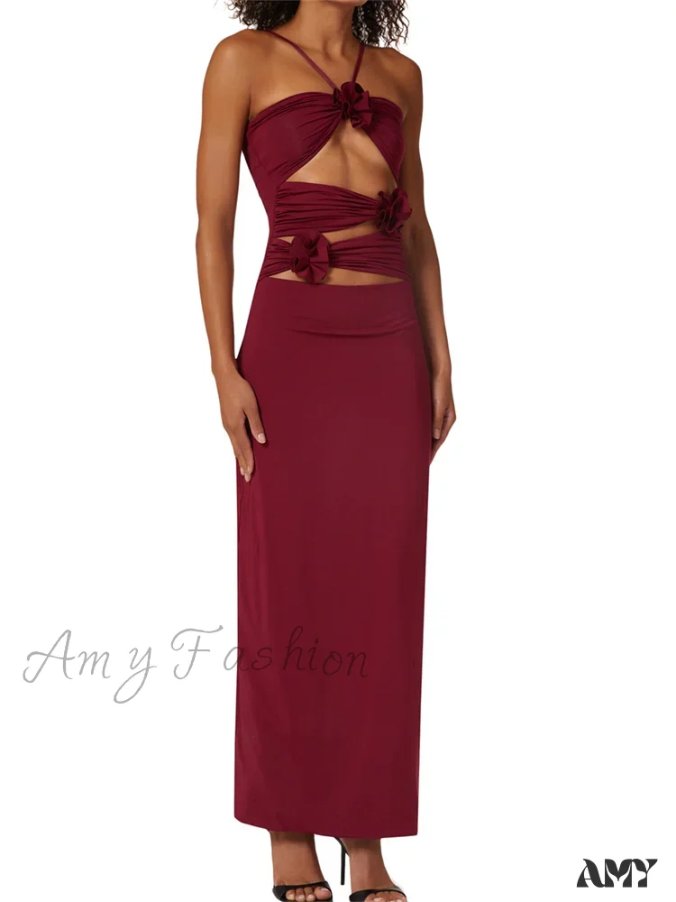 Amy Fashion - Y2K 3D Flowers Fairy Sexy Hollow Out Slim Summer Back Split Beach Party Club Outfits Vestidos - Image 4