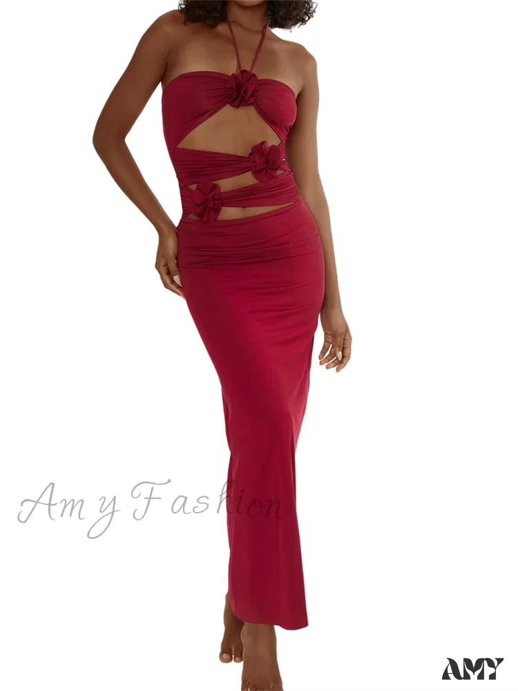 Amy Fashion - Y2K 3D Flowers Fairy Sexy Hollow Out Slim Summer Back Split Beach Party Club Outfits Vestidos - Image 5
