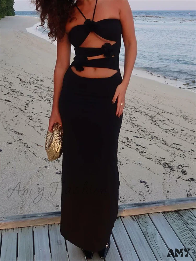 Amy Fashion - Y2K 3D Flowers Fairy Sexy Hollow Out Slim Summer Back Split Beach Party Club Outfits Vestidos - Image 7