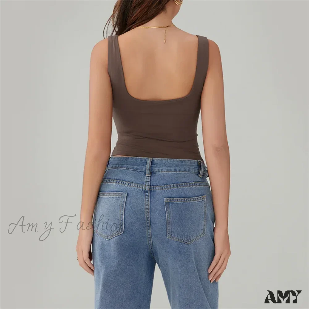 Y2k Casual Solid Color Square Collar Sleeveless Basic Streetwear Crop Top - Image 6
