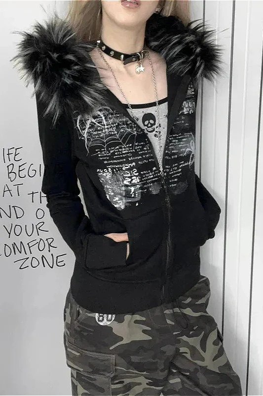 Y2K Faux Fur Collar Rhinestone Zip-Up Hoodie - Image 2