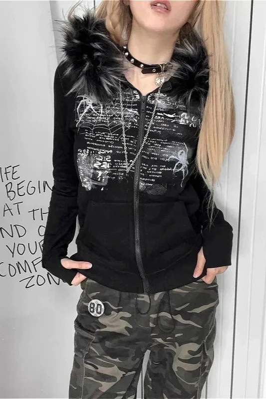 Y2K Faux Fur Collar Rhinestone Zip-Up Hoodie - Image 3