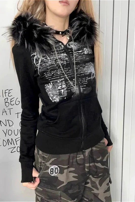 Y2K Faux Fur Collar Rhinestone Zip-Up Hoodie - Image 4