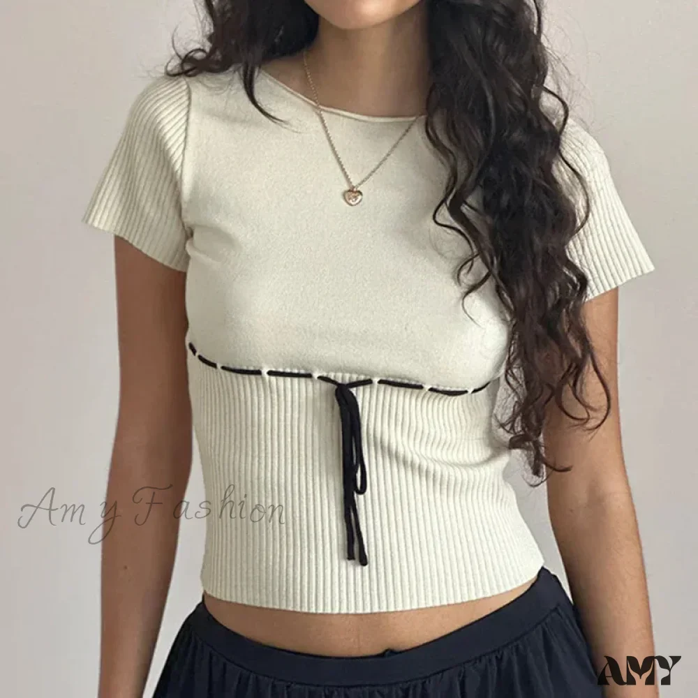 Knitted Patchwork Round Neck Short Sleeve Aesthetic Summer Streetwear Crop Top - Image 3