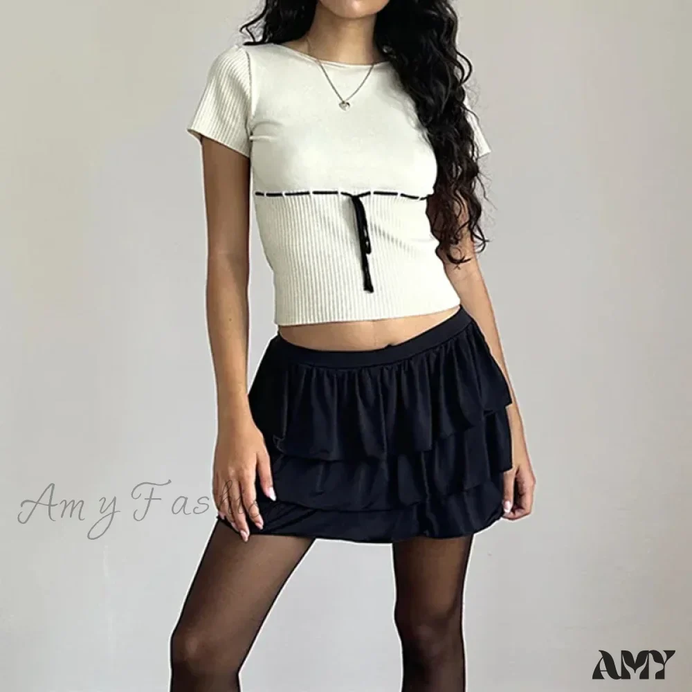 Knitted Patchwork Round Neck Short Sleeve Aesthetic Summer Streetwear Crop Top - Image 5